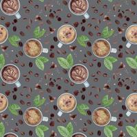 Watercolor hand drawn seamless pattern with coffee cups, beans, leaves, stains and splashes. Isolated on dark background. For invitations, cafe, restaurant food menu, print, website, cards vector