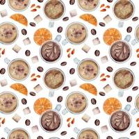 Watercolor hand drawn seamless pattern with coffee cups, beans, sugar cubes, orange slices, juice drops. Isolated on white background For invitations, cafe, restaurant food menu, print, website, cards vector