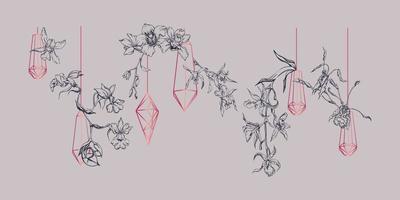 mano dibujado vector tinta orquídea flores y sucursales, monocromo, detallado describir. composición con cristal forma. Viva magenta color. diseño para pared arte, boda, imprimir, tatuaje, cubrir, tarjeta.