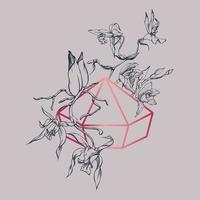 Hand drawn vector ink orchid flowers and branches, monochrome, detailed outline. Composition with crystal form. Viva magenta color. Design for wall art, wedding, print, tattoo, cover, card.