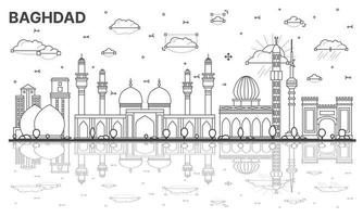 Outline Baghdad Iraq City Skyline with Historic Buildings and Reflections Isolated on White. vector