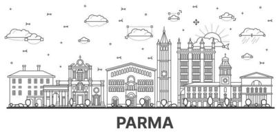 Outline Parma Italy City Skyline with Historic Buildings Isolated on White. Vector Illustration.