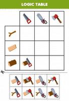 Education game for children logic table cartoon saw axe and chainsaw match with correct wood log printable tool worksheet vector