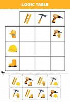 Education game for children logic table cartoon pickaxe ladder and drill match with correct helm glove or boot printable tool worksheet vector