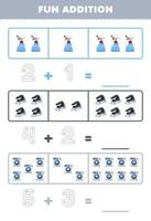 Education game for children fun addition by counting and tracing the number of cute cartoon sprayer iron washing machine printable tool worksheet vector