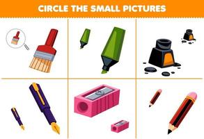 educación juego para niños circulo el pequeño imagen de linda dibujos animados cepillo marcador tinta bolígrafo sacapuntas lápiz imprimible herramienta hoja de cálculo vector