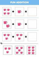 Education game for children fun addition by cut and match of cute cartoon mug pictures for printable tool worksheet vector