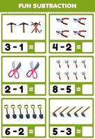 Education game for children fun subtraction by counting and eliminating cute cartoon pickaxe pruner scissor fork shovel hoe printable tool worksheet vector