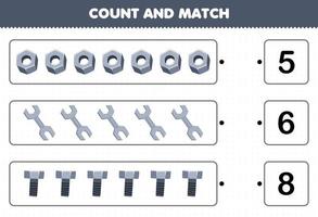 Education game for children count the number of cute cartoon bolt nut spanner and match with the right numbers printable tool worksheet vector