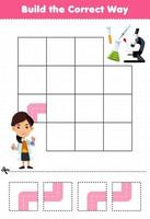 Education game for children build the correct way help cute cartoon scientist move to beaker test tube dropper microscope printable tool worksheet vector