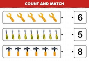 Education game for children count the number of cute cartoon wrench screwdriver hammer and match with the right numbers printable tool worksheet vector