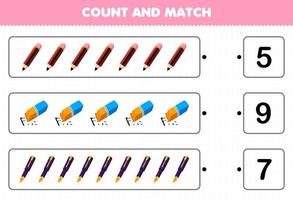 Education game for children count the number of cute cartoon pencil eraser pen and match with the right numbers printable tool worksheet vector