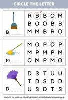 Education game for children circle the beginning letter from cute cartoon broom mop duster printable tool worksheet vector