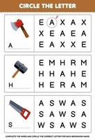 Education game for children circle the beginning letter from cute cartoon axe hammer saw printable tool worksheet vector