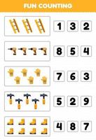 Education game for children fun counting and choosing the correct number of cute cartoon ladder drill glove hammer boot printable tool worksheet vector