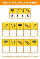 Education game for children write the right numbers in the box according to the cute hammer chisel nail saw pictures on the table printable tool worksheet vector