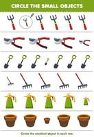 Education game for children circle the smallest object in each row of cute cartoon fork pruner shovel rake sprayer pot printable tool worksheet vector