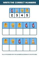 Education game for children write the right numbers in the box according to the cute extinguisher cone glove vest pictures on the table printable tool worksheet vector