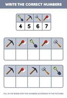 Education game for children write the right numbers in the box according to the cute shovel pickaxe fork axe pictures on the table printable tool worksheet vector