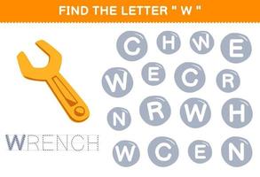 Education game for children find the letter W with cute cartoon wrench printable tool worksheet vector