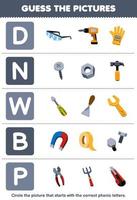 Education game for children guess the correct picture for phonic word that starts with letter D N W B and P printable tool worksheet vector