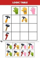 Education game for children logic table cartoon hammer wrench match with correct glove printable tool worksheet vector