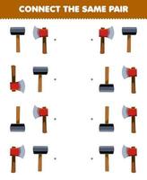 Education game for children connect the same picture of cute cartoon hammer and axe pair printable tool worksheet vector