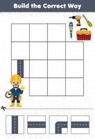 Education game for children build the correct way help cute cartoon electrician move to screwdriver drill toolbox printable tool worksheet vector