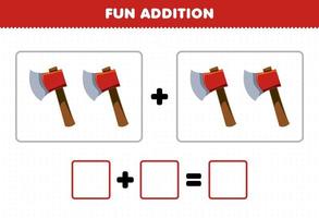 Education game for children fun addition by counting cute cartoon axe pictures printable tool worksheet vector