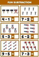 Education game for children fun subtraction by counting and eliminating cute cartoon hammer nail pliers saw chisel axe printable tool worksheet vector