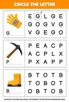 Education game for children circle the beginning letter from cute cartoon glove pickaxe boot printable tool worksheet vector