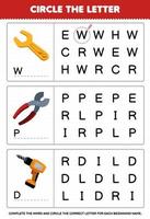 Education game for children circle the beginning letter from cute cartoon wrench pliers drill printable tool worksheet vector