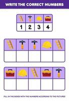 Education game for children write the right numbers in the box according to the cute ladder hammer helm toolbox pictures on the table printable tool worksheet vector