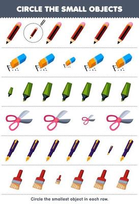 Education game for children circle the smallest object in each row of cute cartoon pencil eraser marker scissor pen brush printable tool worksheet