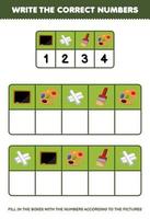 educación juego para niños escribir el Derecha números en el caja según a el pizarra tiza cepillo paleta imágenes en el mesa imprimible herramienta hoja de cálculo vector