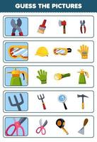 Education game for children guess the correct pictures of cute cartoon pliers googles sprayer fork scissor printable tool worksheet vector