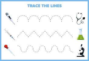 educación juego para niños escritura práctica rastro el líneas con linda dibujos animados termómetro jeringuilla moverse a estetoscopio cubilete microscopio herramienta hoja de cálculo vector