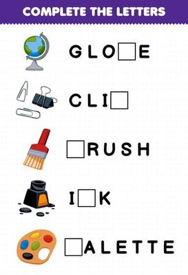 Education game for children complete the letters from cute cartoon globe clip brush ink palette printable tool worksheet