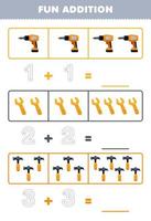 Education game for children fun addition by counting and tracing the number of cute cartoon drill wrench hammer printable tool worksheet vector