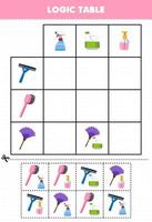 Education game for children logic table cartoon brush duster and squeegee match with correct sprayer printable tool worksheet vector