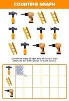 Education game for children count how many cute cartoon hammer ladder drill then color the box in the graph printable tool worksheet vector