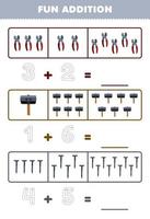 Education game for children fun addition by counting and tracing the number of cute cartoon pliers hammer nail printable tool worksheet vector