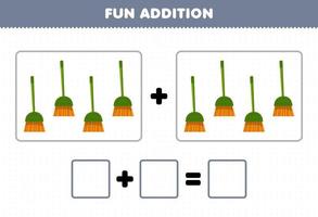 Education game for children fun addition by counting cute cartoon broom pictures printable tool worksheet vector