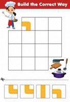 Education game for children build the correct way help cute cartoon chef move to knife chopping board ladle pot printable tool worksheet vector