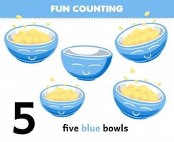 Education game for children fun counting five blue bowls printable tool worksheet vector