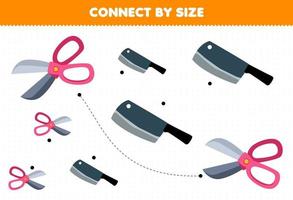 Educational game for kids connect by the size of cute cartoon knife and scissor printable tool worksheet vector