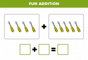 Education game for children fun addition by counting cute cartoon screwdriver pictures printable tool worksheet vector