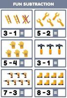 Education game for children fun subtraction by counting and eliminating cute cartoon ladder wrench glove hammer drill boot printable tool worksheet vector