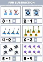 Education game for children fun subtraction by counting and eliminating cute cartoon sprayer washing machine mop broom iron duster printable tool worksheet vector