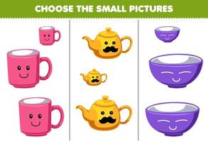 Education game for children choose the small picture of cute cartoon mug teapot bowl printable tool worksheet vector